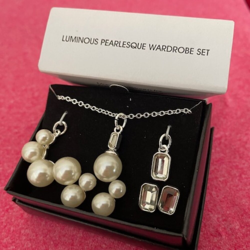 Avon Luminous Pearleque Wardrobe Set -  Necklace NWT, 2 Pendants & 3 Pr Earrings